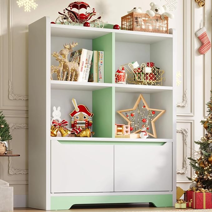 Kids Bookshelf and Toy Organizer, 2 Tier Kids Book Shelf for Kid Rooms with 2 Doors, 4 Cubes Storage Organizer,Wood Children Bookcase,Freestanding Toddler Book Display Shelf for Playroom