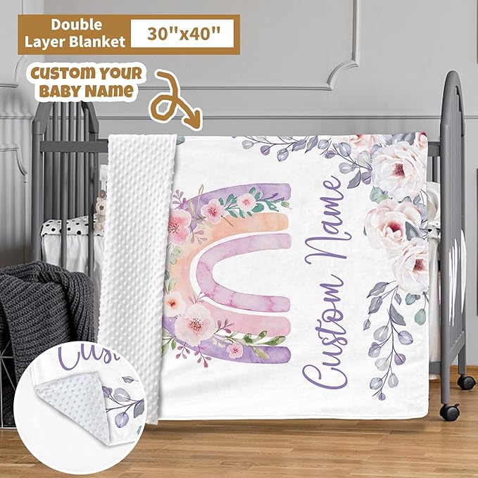 Custom Baby Crib Bedding Set, 3 Pcs Personalized Nursery Bedding Set with Name, Soft Baby Bedding Crib Sets with Blanket - Toddler Crib Sets for Girls Boys, Infant Newborn Gifts, Purple Rainbow
