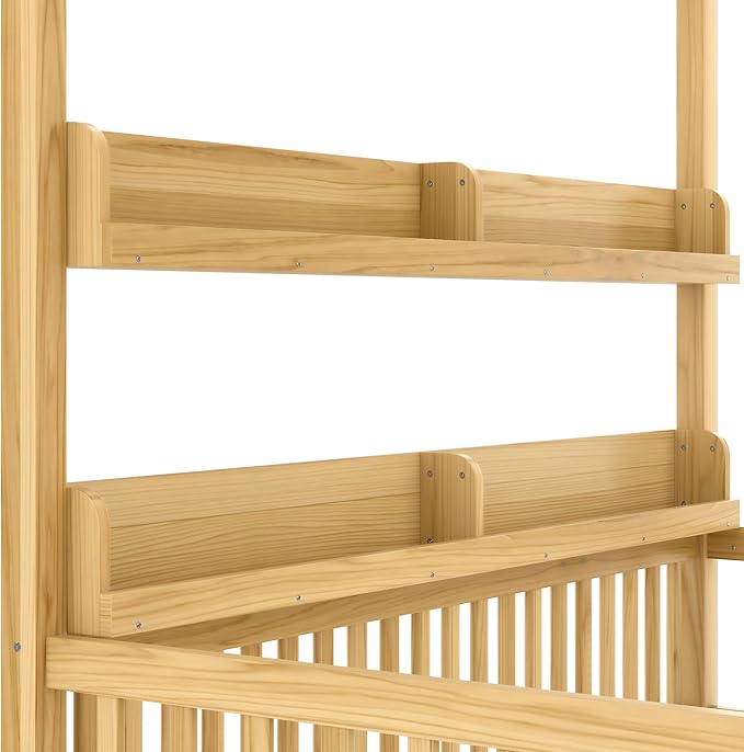 Bellemave Twin Size Canopy Bed with Guardrails and Door, Wood Floor Bed with Shelves for Toddlers, Built in 4 Poster Design,Montessori Bed for Kids,Boys,Girls,Easy Assemble（Twin,Natural）