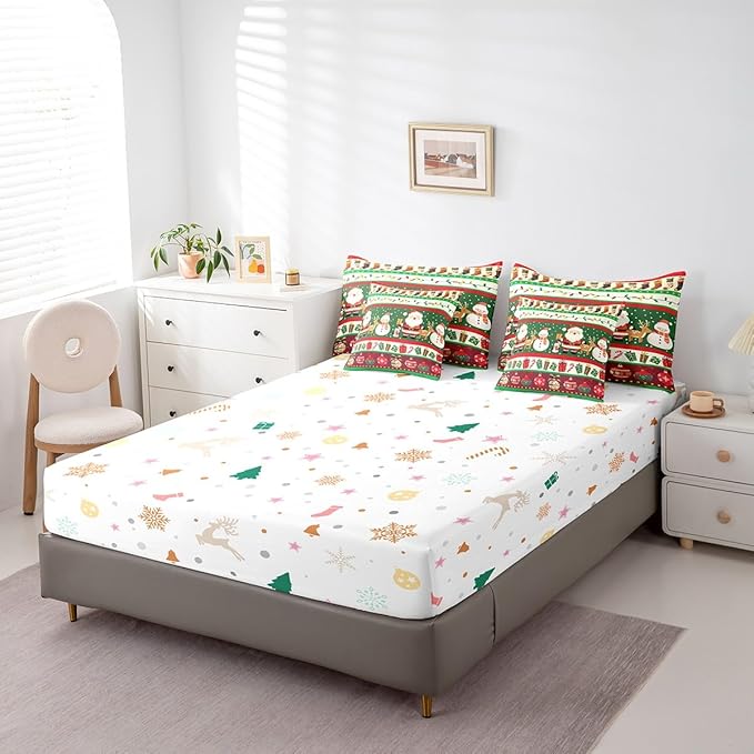Feelyou Christmas Santa Claus Comforter Set with Sheets Cartoon Stockings Deer Bedding Set for Kids Boys Girls Teens Decor Christmas Snowflake Bed in a Bag Kawaii Bed Set 7Pcs Queen Size