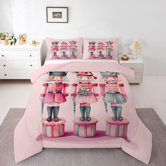 Feelyou Christmas Decorations Nutcrackers Kids Comforter Set Full Size Pink Christmas Bedding Set Funny Nutcracker Duvet Quilt for Kids Boys Girls Bedroom Berries Printed Decor Kawaii Soft Breathable