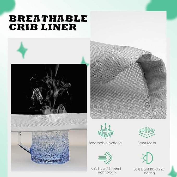 Breathable Mesh Crib Liner for Protecting Baby Legs and Arms, Block The Pacifier from Falling, 11" H (28cm) Essential 3mm Breathable Mesh Liner Around 3 or 4 Side Full-Size Crib, Grey