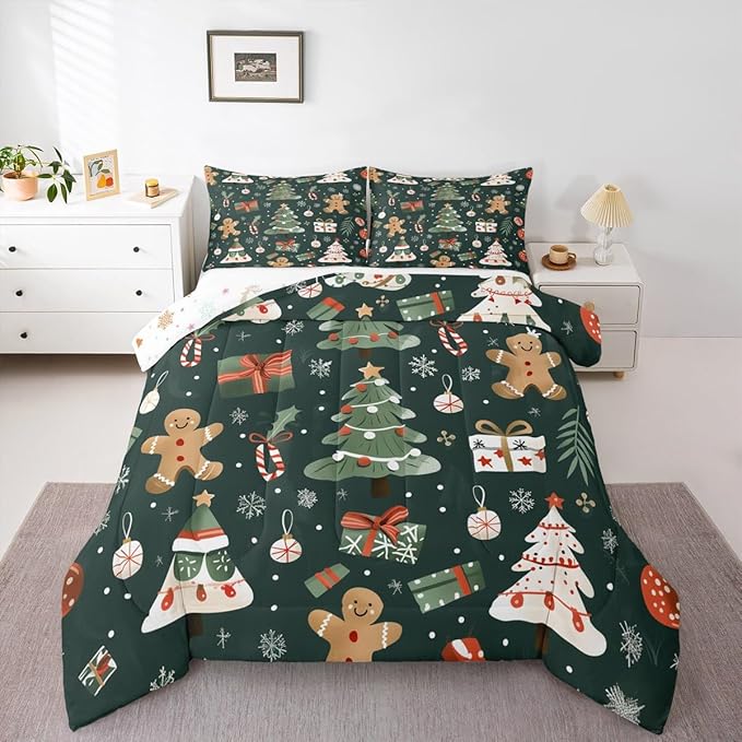 Feelyou Christmas Comforter Set Queen Size Xmas Tree Bedding Set for Kids Boys Girls Gingerbread Man Duvet Quilt New Year Gift Bedroom Decor Microfiber 3 Pcs with 2 Pillow Cases
