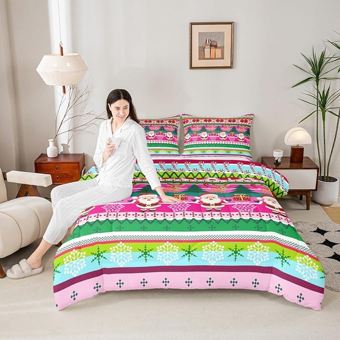 Feelyou Merry Christmas Comforter Set All Season Santa Claus Bedding Set with 1 Pillow Cases Cute Deer Microfiber Kids Toddler Bedclothes Snowflake Bedroom Decor Duvet Quilt Breathable Soft