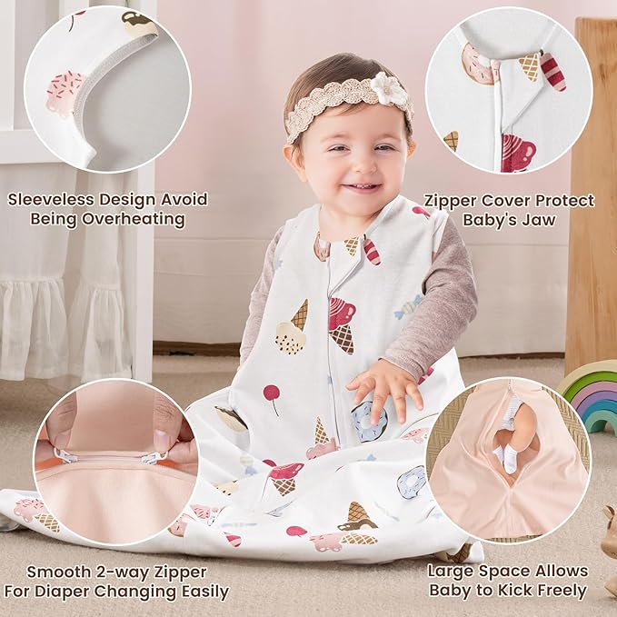 PHF Soft Baby Sleep Sack 0-6 Months 100% Organic Cotton Wearable Blanket, 2-Way Zipper 0.5 TOG Toddler Sleeping Sack 3 Pack, Comfy Sleep Bag for Baby Boys Girls, Ice Cream (Small)