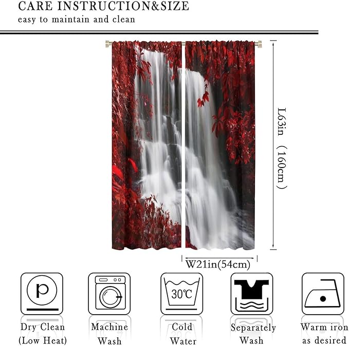 Red Forest Waterfall Blackout Windows Curtains, Waterfall Red Forest Black and Red Natural Landscape Print Window, for Living Room Bedroom 42x63in 2 Panels