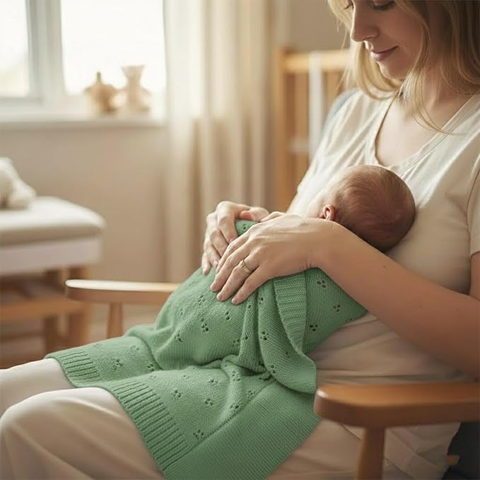 Baby Knit Blanket, 100% Cotton Eyelet Patterns, Soft, Cozy, Lightweight Swaddle for Newborn & Infant Swaddling Beige Neutral, Perfect Baby Shower Ideas Sage Green 30x40