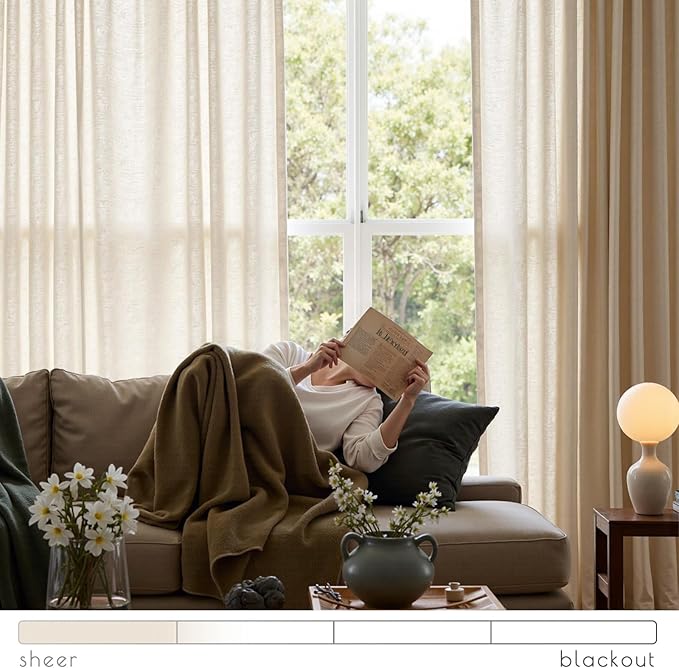jinchan Beige Linen Blend Curtains 96 Inches Length 2 Panels Floor to Ceiling Curtains for Bedroom Living Room, Semi Sheer 50 Inches Wide Natural Farmhouse Drapes Rod Pocket Back Tab (50W x 96L, Ecru)