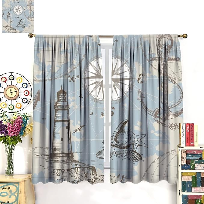 Nautical Theme Window Draperies, Pirate Sailboat Curtains for Bedroom & Living Room, Ocean Window Treatment - 2 Panels, 42x54 Inches