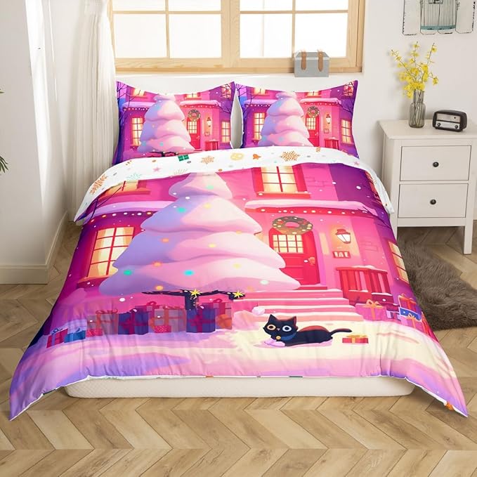 Feelyou Cute Christmas Comforter Cover Set Tree Bedding Set Toddler Size for Kids Boys Girls Bedroom Bed Decor Xmas Duvet Cover Merry Christmas Bedspread Cover, No Comforter