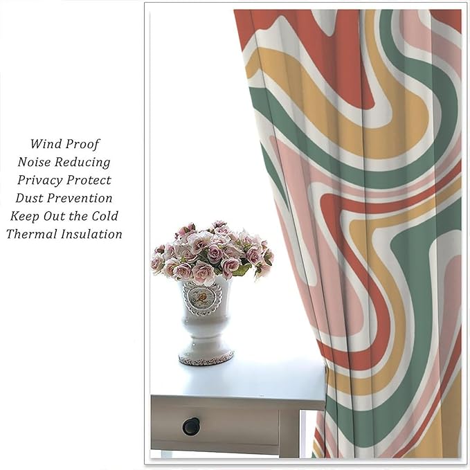 70S Abstract Wavy Swirl Curtain for Bedroom Windows,Retro Boho Minimal Teen Girls Kids Living Room Restroom Window Treatments Drapes 72"" W X 63"" L, Style-4