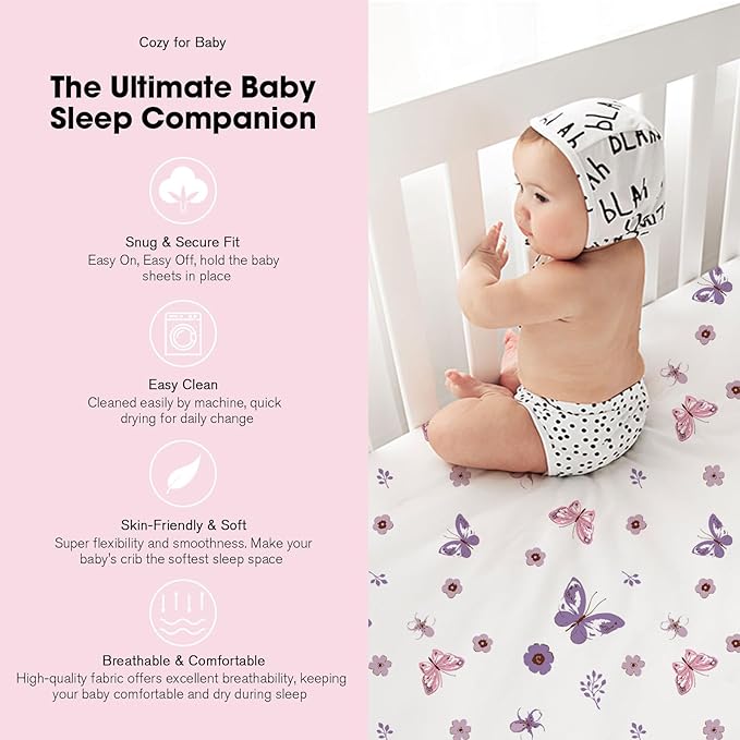 Little Grape Land Mini Crib Sheets for Girls 4 Pack, Fitted Mini Crib Sheets 26x38x5 for Pack and Play/Playard Mattress, Ultra Soft Brushed Microfiber, All-Around Elastic, Butterfly/Floral/Pink/Purple