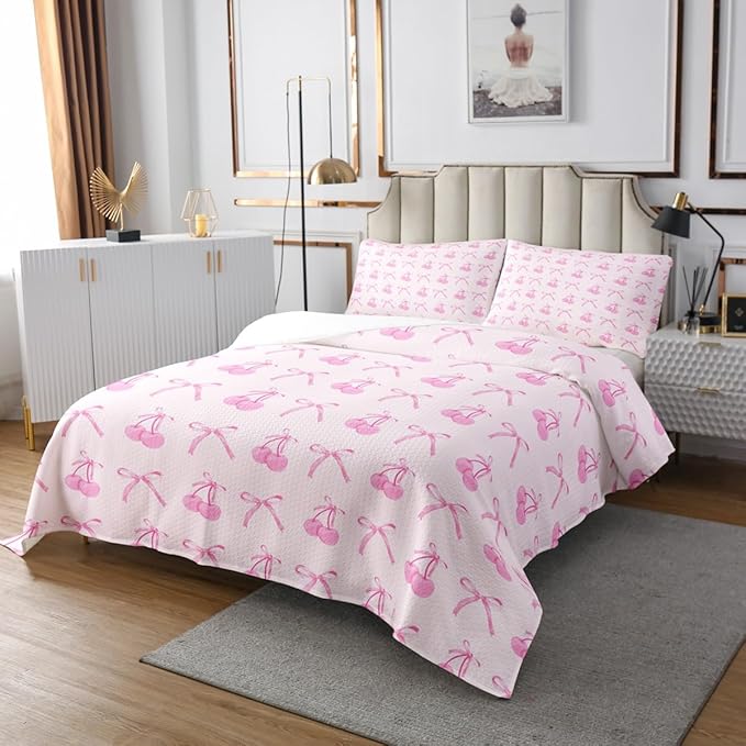 Manfei Cartoon Bowknot Kids Bedspread Twin Size,Pink Bow Tie Butterfly Knot Princess Coverlet Set,Girls Women Room Decor,Cherry Bow Patchwork Quilted Coverlet,Romantic Bedding Quilt,1 Pillowcase