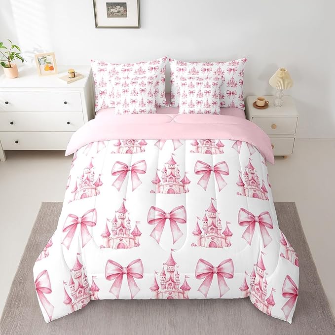 7 Pieces Pink Bowknot Kids Comforter Queen,Castle Tale Princess Toddler Bedding Set,Bow Tie Butterfly Knot Girlish Romantic Fashion（Comforter+Fitted+Flat Sheet+2 Pillowcases+2 Throw Pillow Covers）
