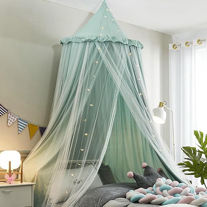Bed Canopy for Girls, Double Layer Dome Mosquito Net Princess Canopy for Girls Bed Room Decor Reading Nook (Green)