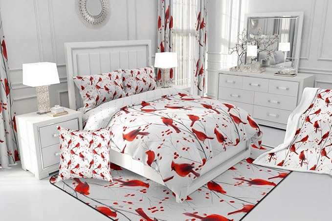 Feelyou Berries and Cardinals Pattern Comforter Set All Season Red Cardinal Bedding Set with 1 Pillow Cases Christmas Kids Toddler Bedclothes Bird Print Decor Animal Decor Duvet Quilt Soft