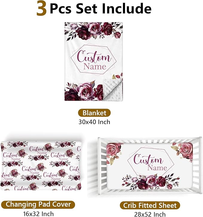 Custom Name Crib Bedding Set, 3 Pcs Personalized Baby Crib Bedding Set, Soft Red Rose Nursery Crib Sets for Boys Girls, Double Layer Toddler Bedding Set Customized Gifts for Newborn Kids