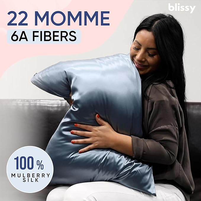 Blissy Silk Pillowcase - 100% Pure Mulberry Silk - 22 Momme 6A High-Grade Fibers - Silk Pillow Cover for Hair & Skin - Regular, Queen & King (Ash Blue, Standard)