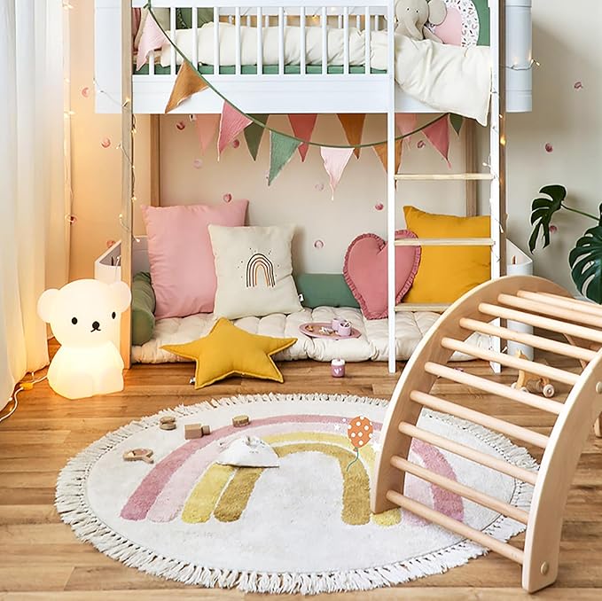 Rainbow Tassels Soft Area Rug for Girls Kids Room Washable Artificial Wool Bedroom Living Room, Kid Round Carpet Rainbow Pattern, Non-Slip Indoor Floor Carpet Home Decor, 3 Feet