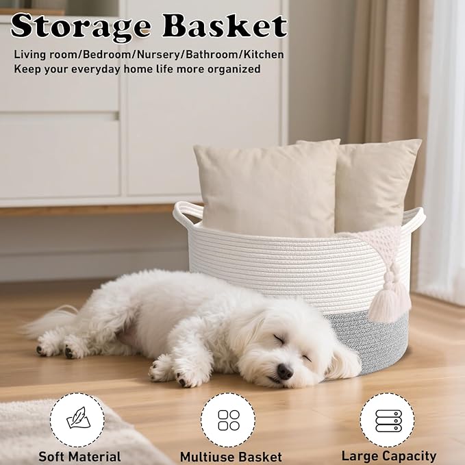 Large Blanket Basket for Organizing,115L Closet Organizers and Storage Bins Box for Shelves Woven Rope Storage Baskets,Living Room,Bedroom,Dorm,Laundry room (White&Grey)
