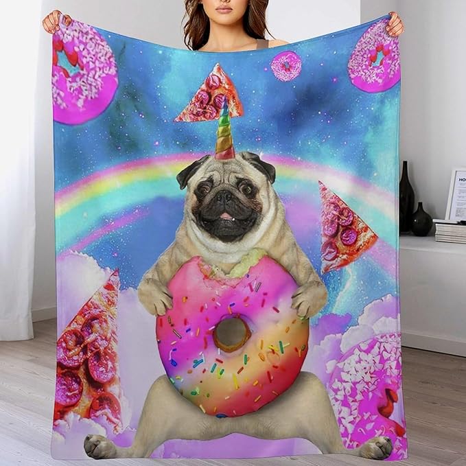 Pug Blanket Funny Pug Gifts for Girls Boys Woman Kids Doughnut Pizza Lover Dog Throw Blankets Soft Blanket Warm Fleece Flannel Plush Blankets for Bed Sofa Couch 50"x60"