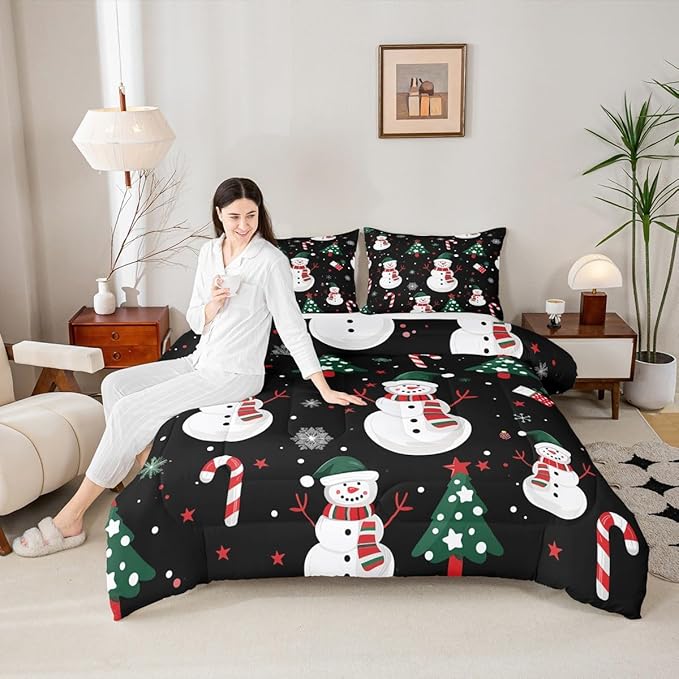 jejeloiu Kids Cute Winter Snowman Comforter Set Toddler Christmas Theme Bedding Set for Boys Girls Teens Xmas Candy Cane Snowflake Happy New Year Duvet Quilt Room Decor