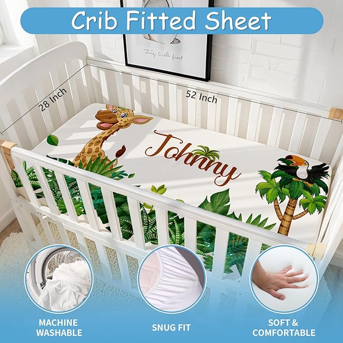 Personalized Baby Crib Bedding Set, 5 Pcs Custom Name Nursery Bedding Set for Boys Girls, Safari Animals Theme Baby Bedding Sets, Flannel Blanket, Newborn Infant New Parents Cusotmized Gifts