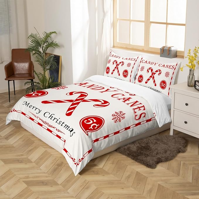 jejeloiu Christmas Bedding Set for Kids Boys Girls Christmas Quote Comforter Cover Set Full Size Candy Canes Print Duvet Cover Bedroom Decor Xmas White Bedspread Cover Bedding Collection 3Pcs
