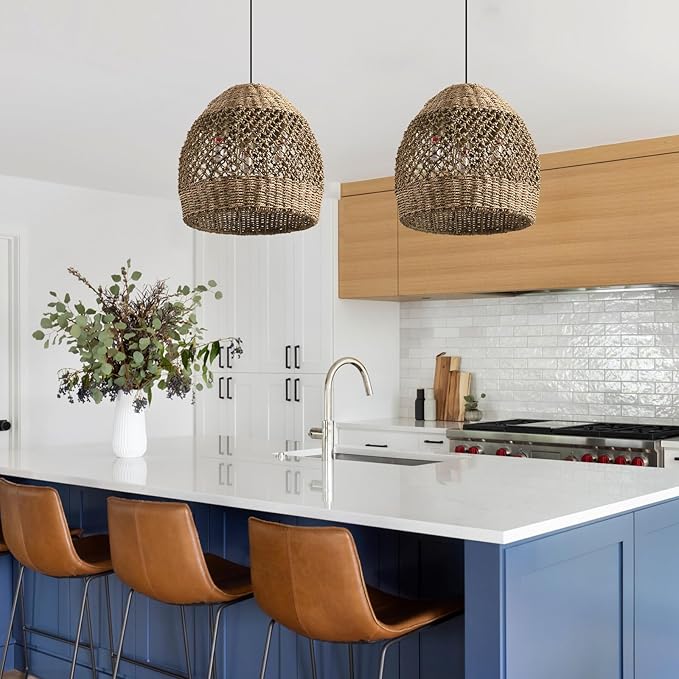 Rattan Pendant Light 13.39" Boho Coastal Hanging Wicker Hand-Woven Seagrass Chandelier for Kitchen Islands Farmhouse 3-Light