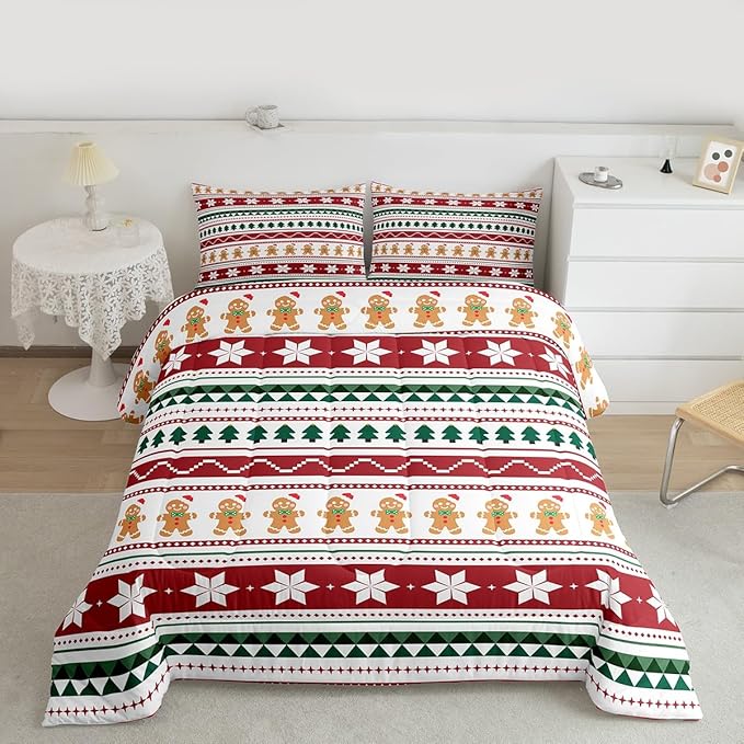 Feelyou Merry Christmas Bedding Set Soft for Boys Girls, Gingerbread Man Comforter Set Toddler Size Duvet Quilt Microfiber Striped Bedroom Decor 2 Pcs with 1 Pillow Cases