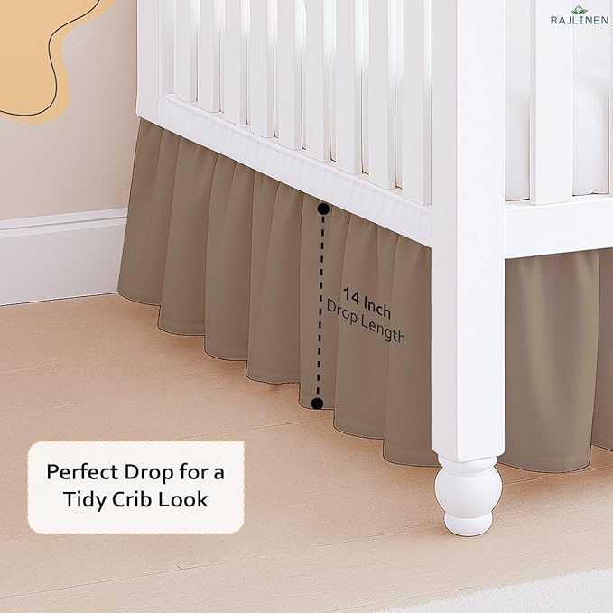 Rajlinen Ruffled Crib Bed Skirt, Microfiber, Dust Ruffle with Split Corners, 14" Drop, Nursery Toddler Bedding for Baby Boys or Girls, Taupe