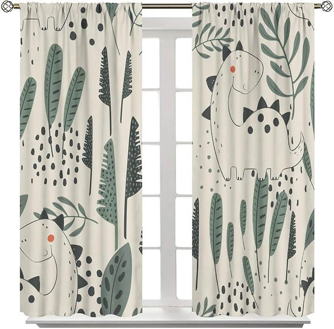 Funny Dinosaur Curtains, Jungle Cute Cartoon Animals Tropical Leaves Plant Beige Green Print Blackout Window Treatments for Kids Boys Girls Bedroom Living Room 42x45 Inch