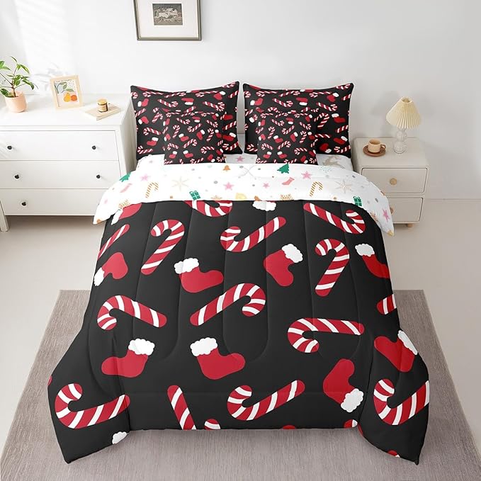 Merry Christmas Kids Bedding Set Xmas Theme Comforter Set with Sheets for Boys Girls Christmas Stockings Candy Decor Bed in a Bag Red Black Xmas Theme Bed Set 7Pcs Queen Size