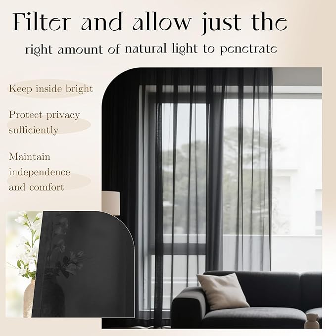 Dreaming Casa Black Sheer Curtains 102 Inches Long, Rod Pocket & Back Tab Light Filtering Textured Sheers for Living Room Bedroom, 2 Panels, Each 100" W x 102" L