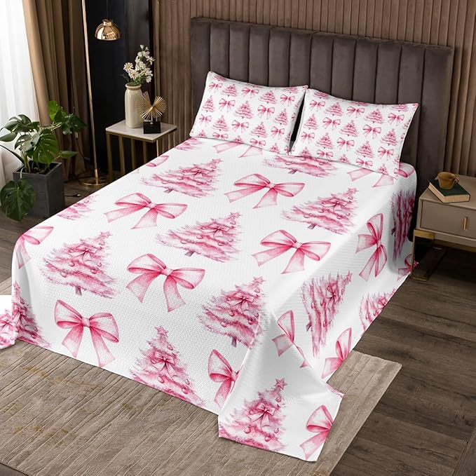 Manfei Pink Bowknot Kids Bedspread King Size,Christmas Trees Pine Bow Tie Toddler Coverlet Set,Girls Women Room Decor,Merry Christmas Happy New Year Quilted Coverlet,Xmas Bedding Quilt,2 Pillowcases