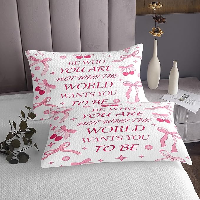Manfei Pink Bowknot Kids Bedspread Queen Size,Cherry Tropical Fruit Cute Princess Coverlet Set,Girls Women Room Decor,Bow Tie Stars Daisy Floral Quilted Coverlet,Romantic Bedding Quilt,2 Pillowcases