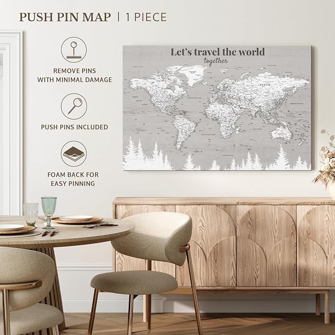 ElephantStock - Let's Travel II Push Pin World Map Wall Art - Horizontal Canvas Wall Art - Living Room Wall Decor - Digital Art Map Canvas Art - Gray And White Decor - 36" x 24"