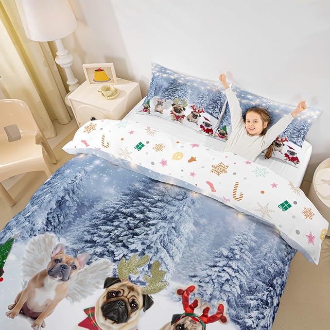Dog Xmas Duvet Cover Cute Pug Dog Christmas Tree Style Bedding Set 3D Animal Comforter Cover for Boys Girls Children Teens Bedroom Decor White Blue Bedspread Cover King Size With 2 Pillow Case