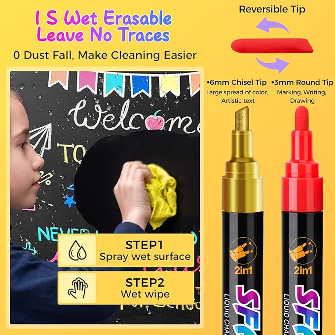 SFAIH Liquid Chalk Markers [1-Second Wet Wipe] - 6mm 30 Colors [Neon+Pastel+Metallic], No Residue, Zero Dust Chalkboard Markers for Whiteboard, Windows, Glass, Signs, With Highlighter Color Marker