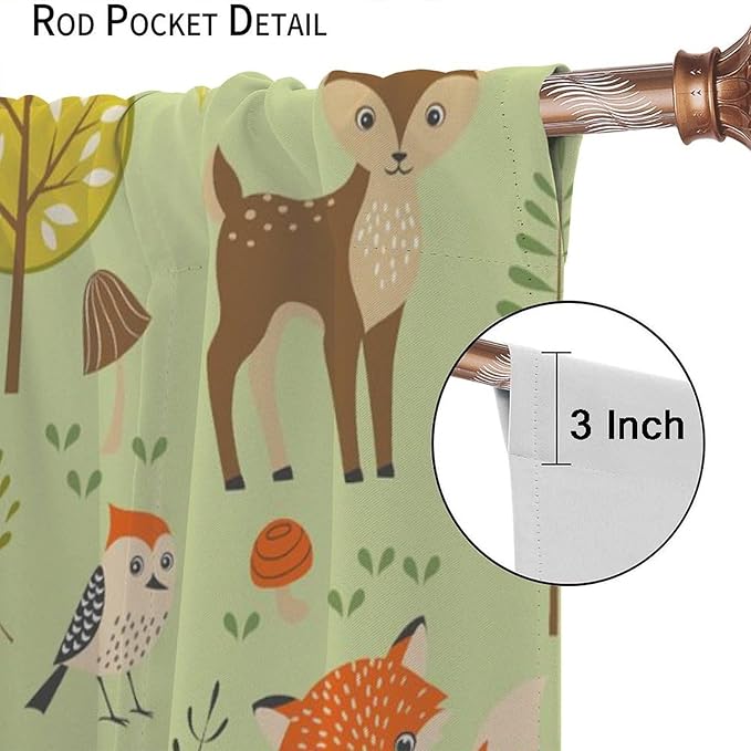 Cute Animals Curtains, Fox Bear Cartoon Wild Animals Blackout Window Treatments, Rod Pocket Thermal Insulated Drapes 2 Panel Sets for Kids Bedroom Nursery Classroom, 63" W X 63" L