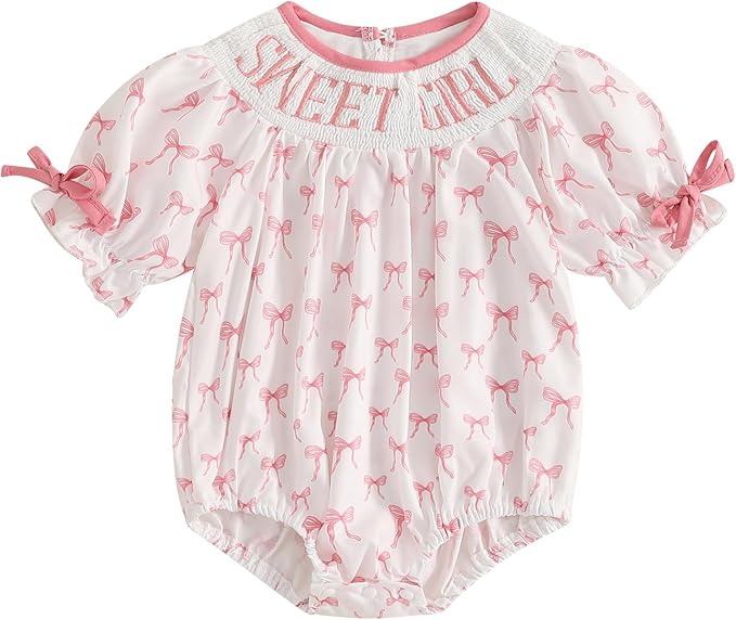 Newborn Baby Girl Romper Mamas Mini Bow Plaid Print Puff Sleeve Smocked Bubble Romper Jumpsuit Bodysuit Clothes