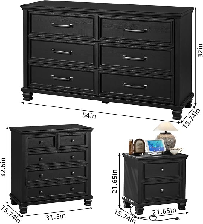 Farmhouse Bedroom Dresser and Nightstand Set of 4, 6 Drawer Low & 5 Drawers Dresser & 2 Drawer Nightstand Set, Rustic Wood Furniture Set for Bedroom, Hallway, Black