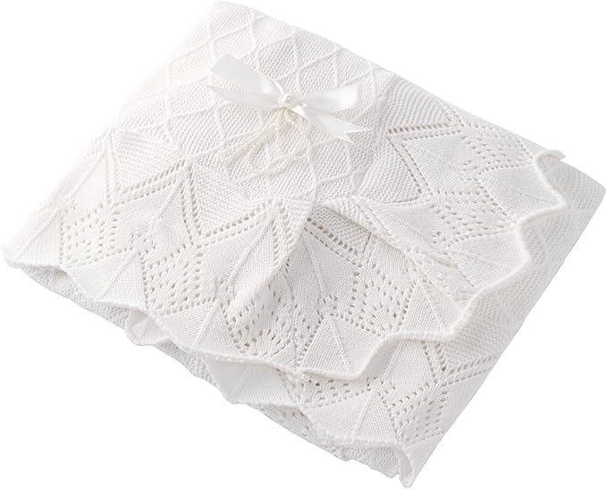Booulfi Knit White Baby Blankets Neutral,Crib Stroller Newborn Blankets for Boys Girls,Cotton Lace Crochet Winter Blanket Nursery Blanket New Baby Essentials, 38X39