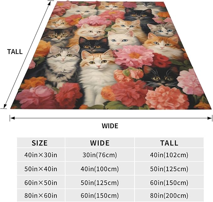 Cute Cat Blanket Gifts for Cat Lovers Girls Women Kitten Floral Flannel Throw Blankets for Home Couch Bed Sofa Soft Fuzzy Lightweight Decor All Season 80x60 Inches