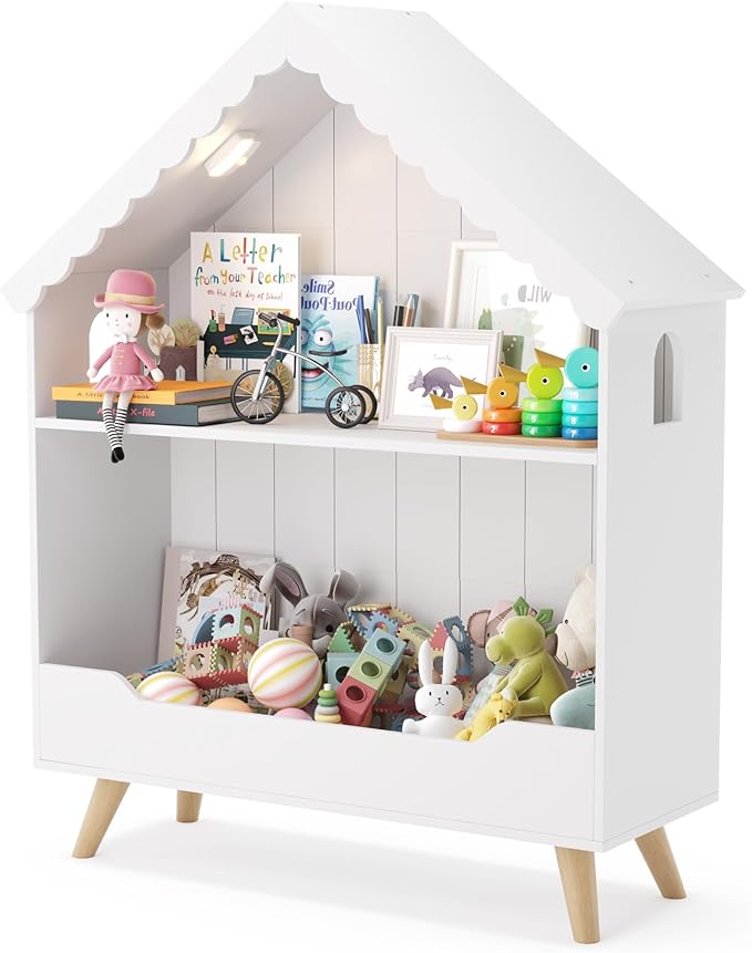 Curipeer Kids Dollhouse Bookshelf, Wooden Bookcase Storage with Motion-Activated Light, 2-Tier Open Display Organizer for Toys, Books, Baby Bookshelf for Birthday, Christmas, Classroom Storage, White