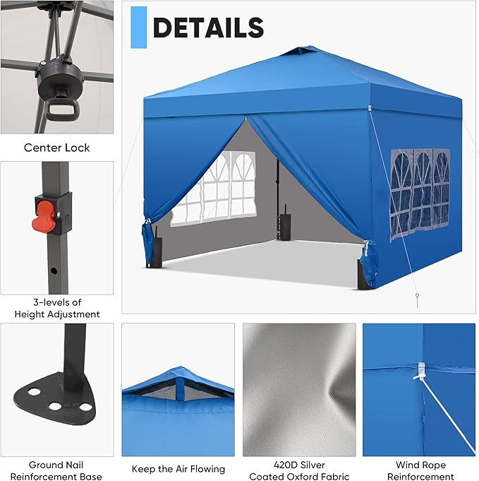GDY 10x10 Pop Up Canopy Tent with 4 Sidewalls, Easy Set up with One Push Lift Outdoor Silver Coated Beach Gazebos, Carpas with 4 Sandbags, for Pool, Events, Parties, and Camping, Blue.