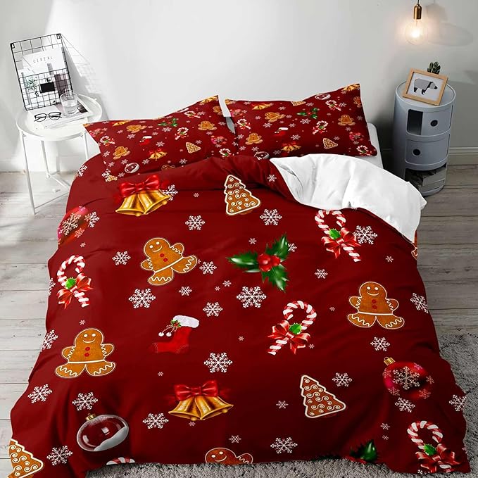 LUVIVIHOME 3PCS Christmas Duvet Cover Full Bedding Set, Red Duvet Cover, Boys Girls Kids Bedding, Cute Gingerbread Snowflake Holiday New Year Xmas Gifts Christmas Comforter Quilt Cover, 2 Pillow Cases