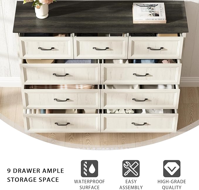 CARPETNAL Farmhouse Dresser and Nightstand Sets for Bedroom, 3 Pcs Bedroom Set, 9 Drawer Dresser & Nightstand Set of 2, Modern Wood Chest of Drawers for Bedroom, Living Room, Entryway, White