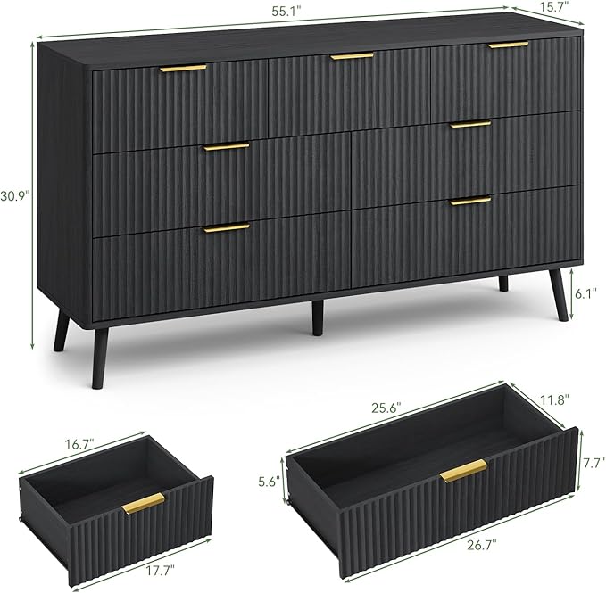 LYNSOM Fluted Dresser and Nightstand Sets 2 Piece, 2-Drawer Nightstands and 7-Drawers Dresser, Wood Bedroom Furniture Set for Home, Bedroom, Hallway, Black