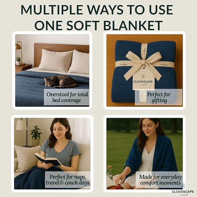 Cloud Scape Linen Oversized 4 Layer Muslin Blanket Twin Size - 100% Cotton, Lightweight & Breathable All Season Gauze, Pre-Washed, for Bed, Couch, fits Twin XL Bed,68x92, Ensign Blue